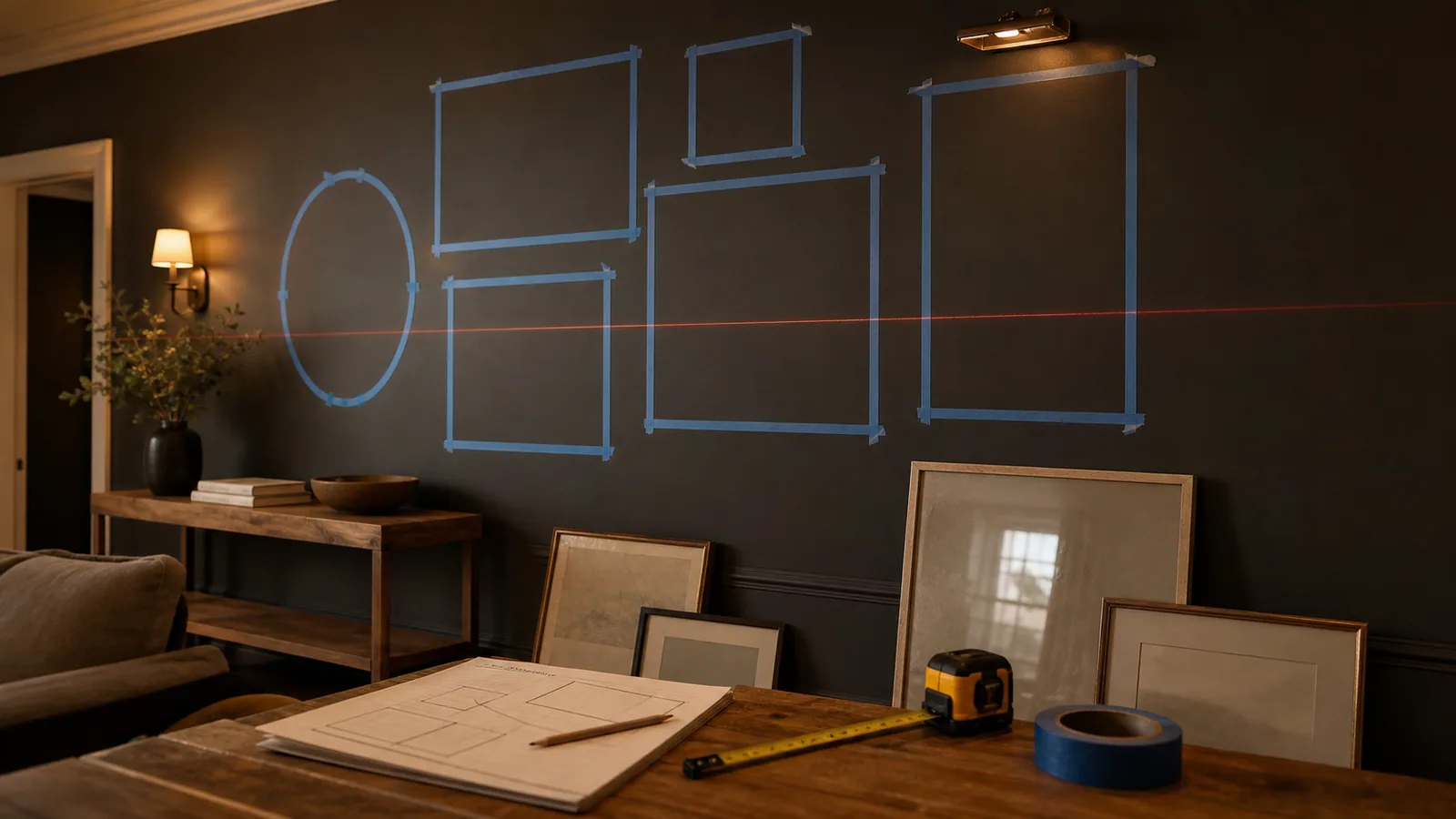 Dark interior wall with painter tape outlines, framed pieces, level, tape measure, and layout plan for picture and mirror placement.