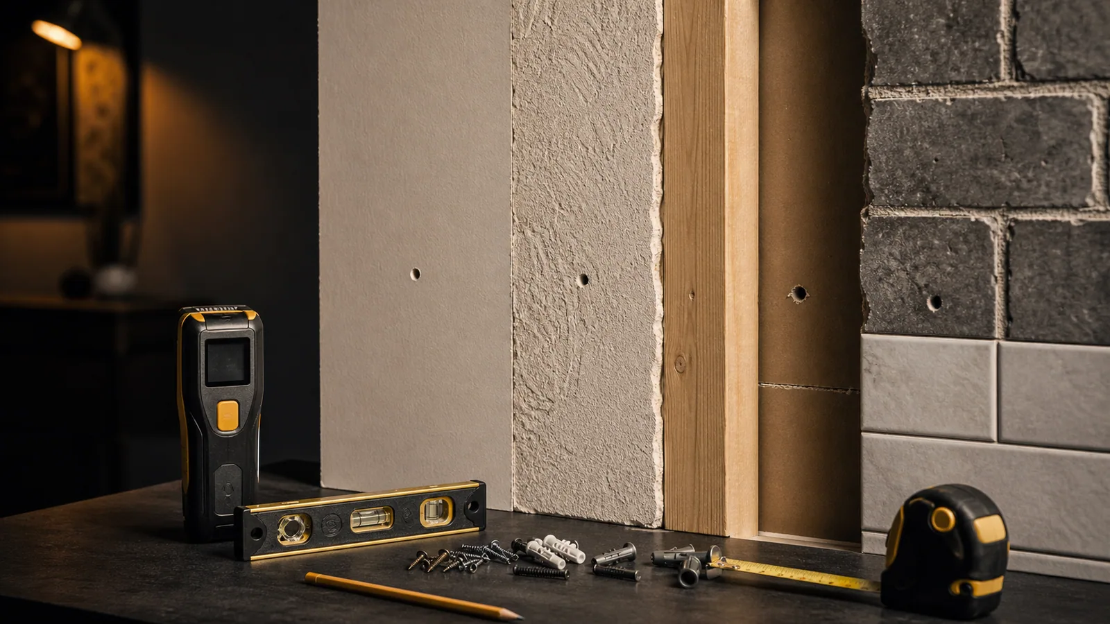 Wall-surface samples, stud finder, anchors, level, screws, tape measure, and pencil arranged for picture and mirror hanging review.