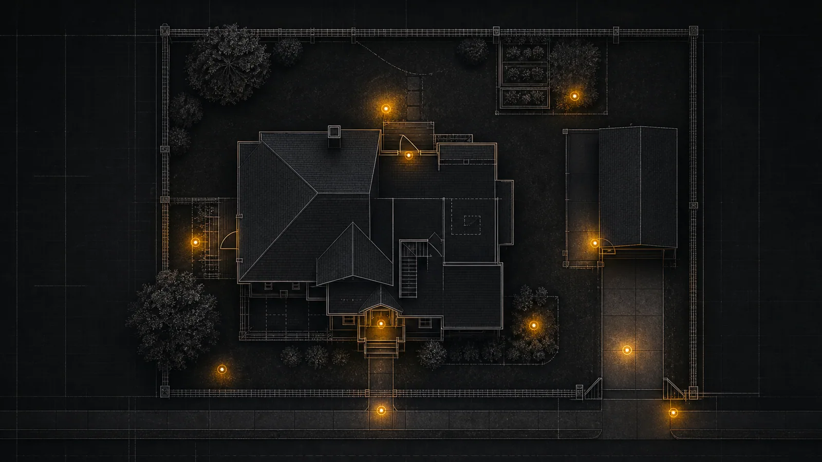Dark residential property access diagram with house, entries, basement access, fenced yard, detached garage, driveway, alley approach, and amber maintenance zones.