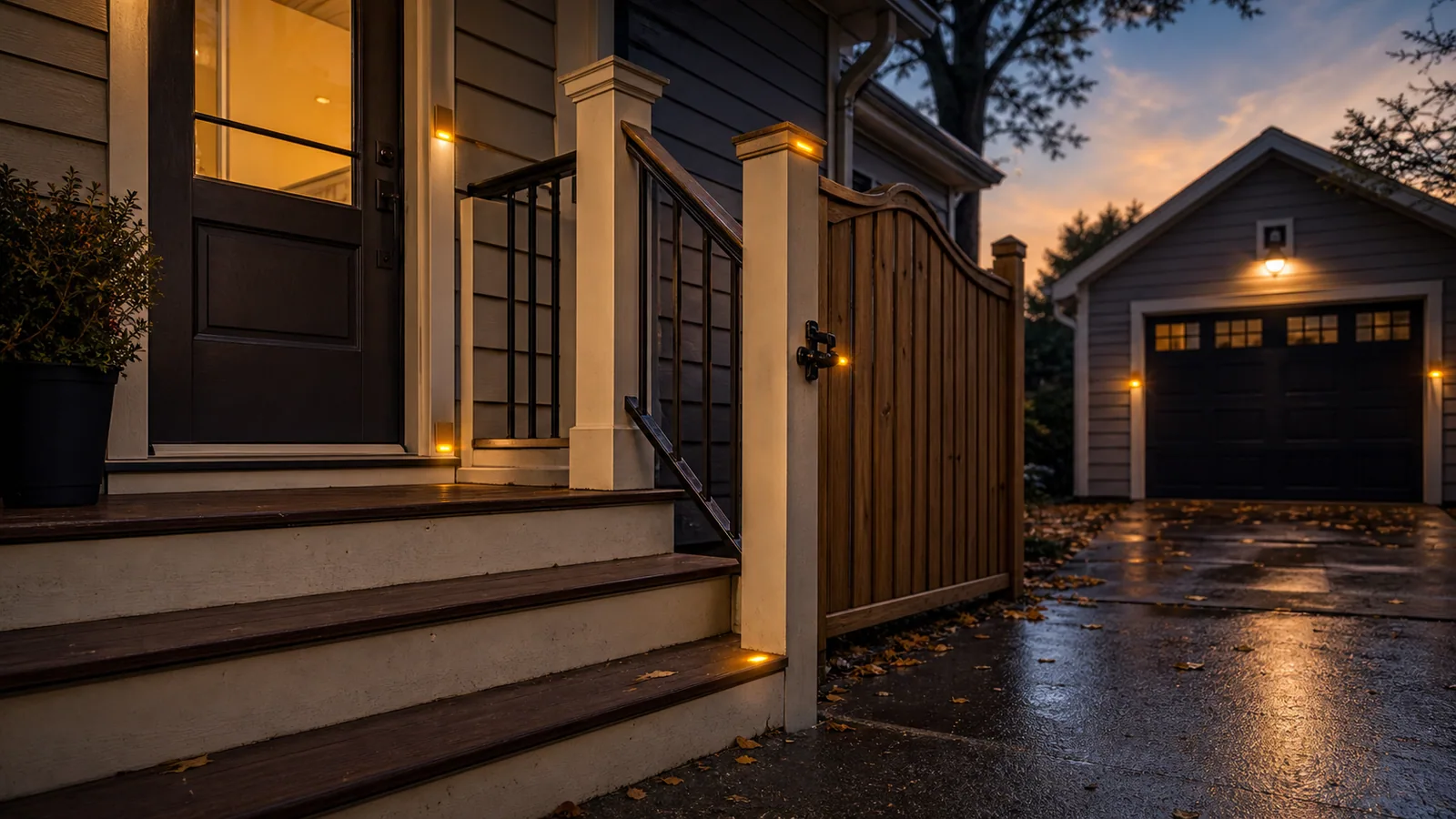 Maintained Freeport porch, steps, fence gate, wet driveway, detached garage, seasonal access route, and amber maintenance markers.