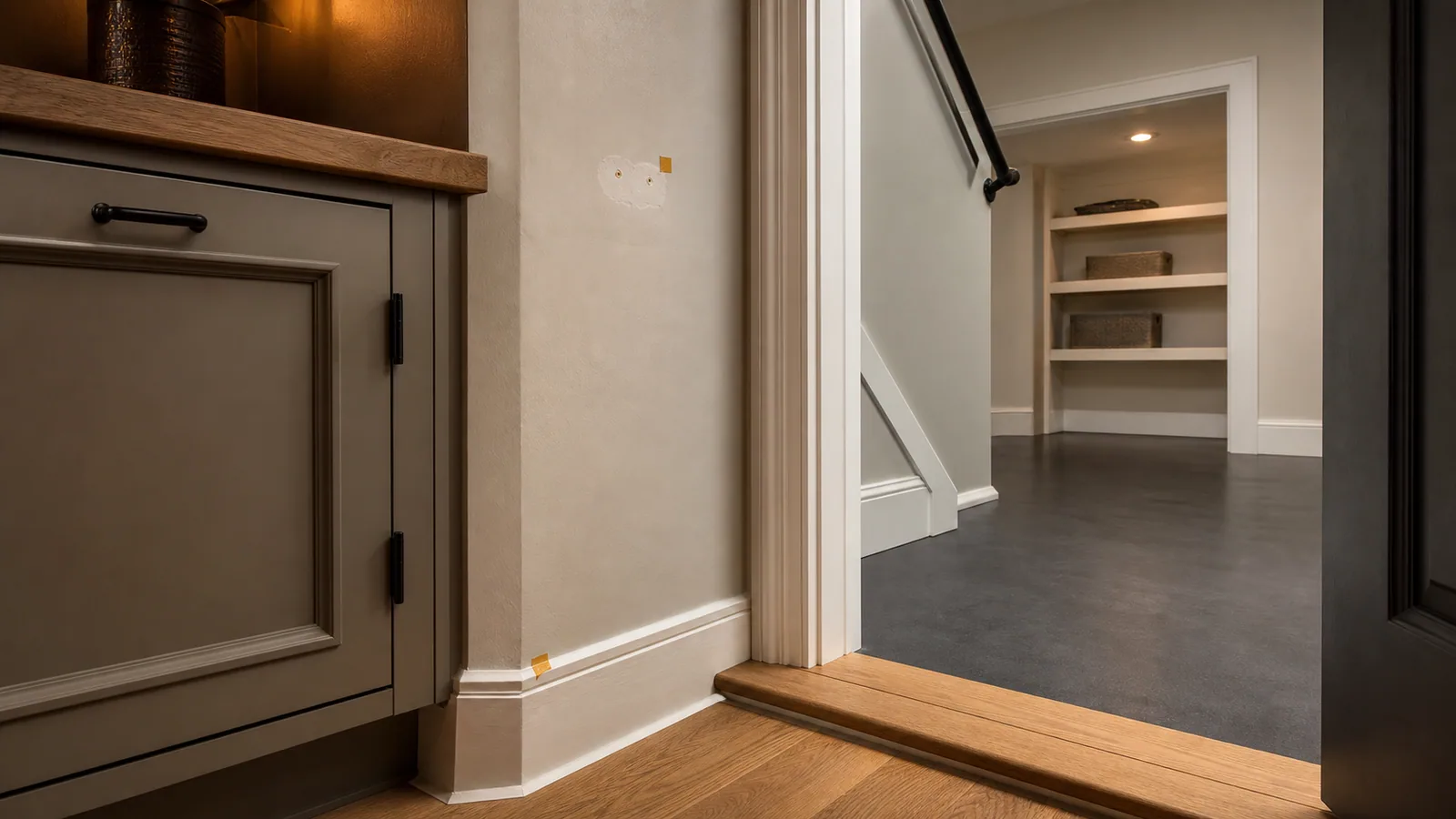 Freeport interior property maintenance with doorway trim, threshold, cabinet hardware, drywall anchor marks, clean lower-level transition, and amber markers.