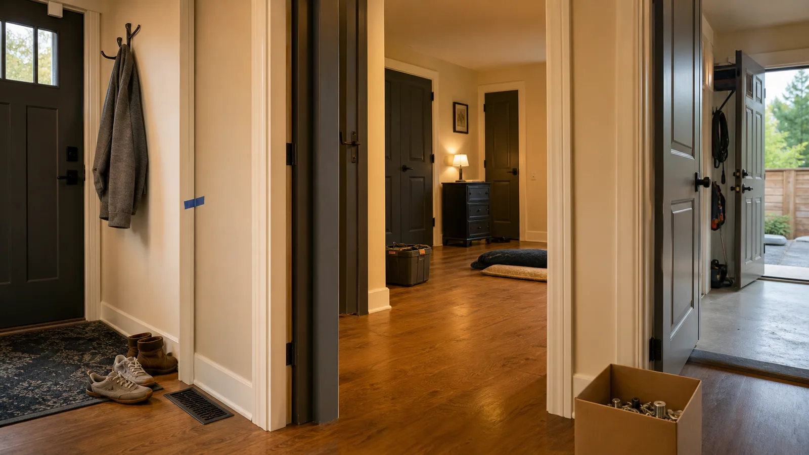 Residential entry, partially cleared room, side access, garage path, and owner-supplied hardware for occupancy-change property maintenance.