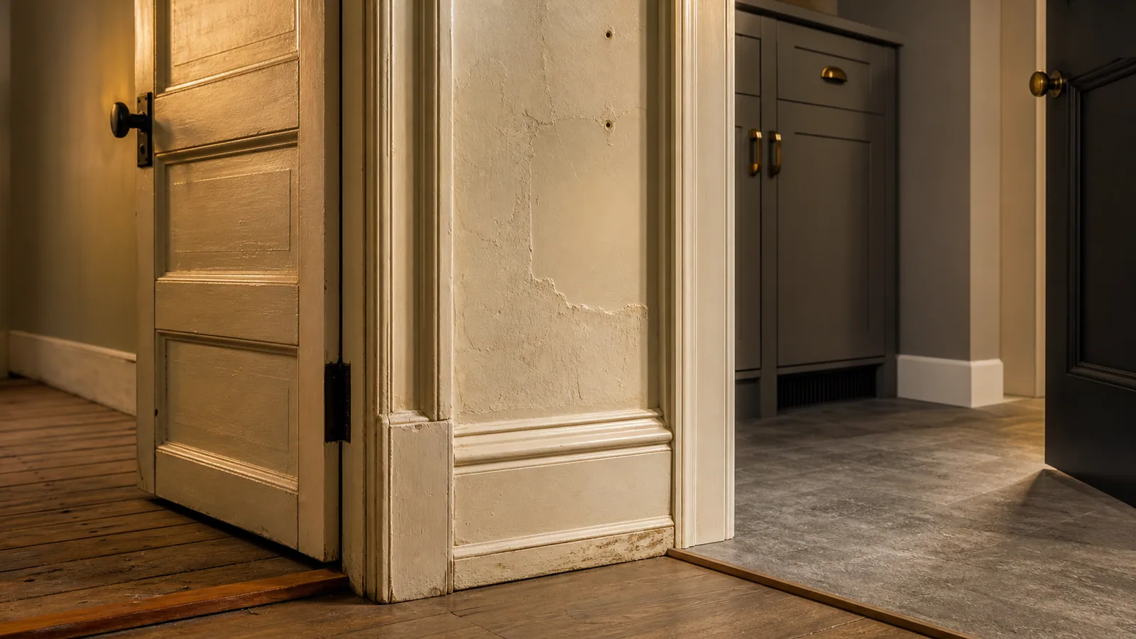 Older plaster and trim doorway, layered paint, previous holes, new flooring transition, and updated interior materials affecting property maintenance scope.