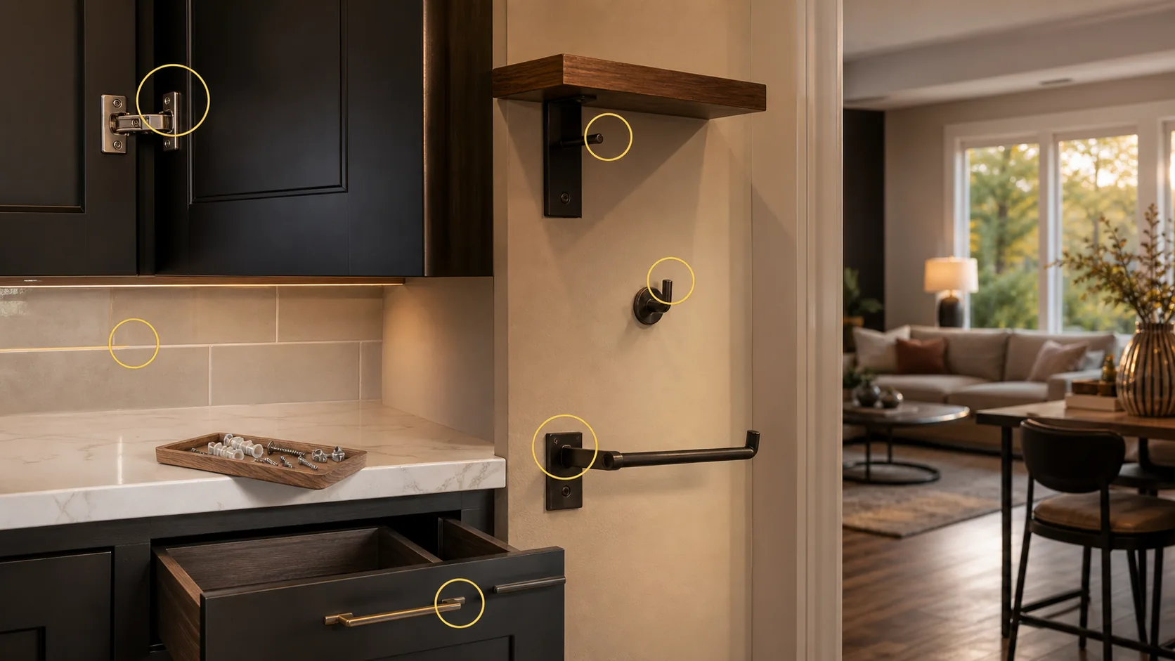 Kitchen and living-space punch-list composition with cabinet hinge, drawer pull, shelf bracket, wall hook, towel bar, hardware, and inspection markers.