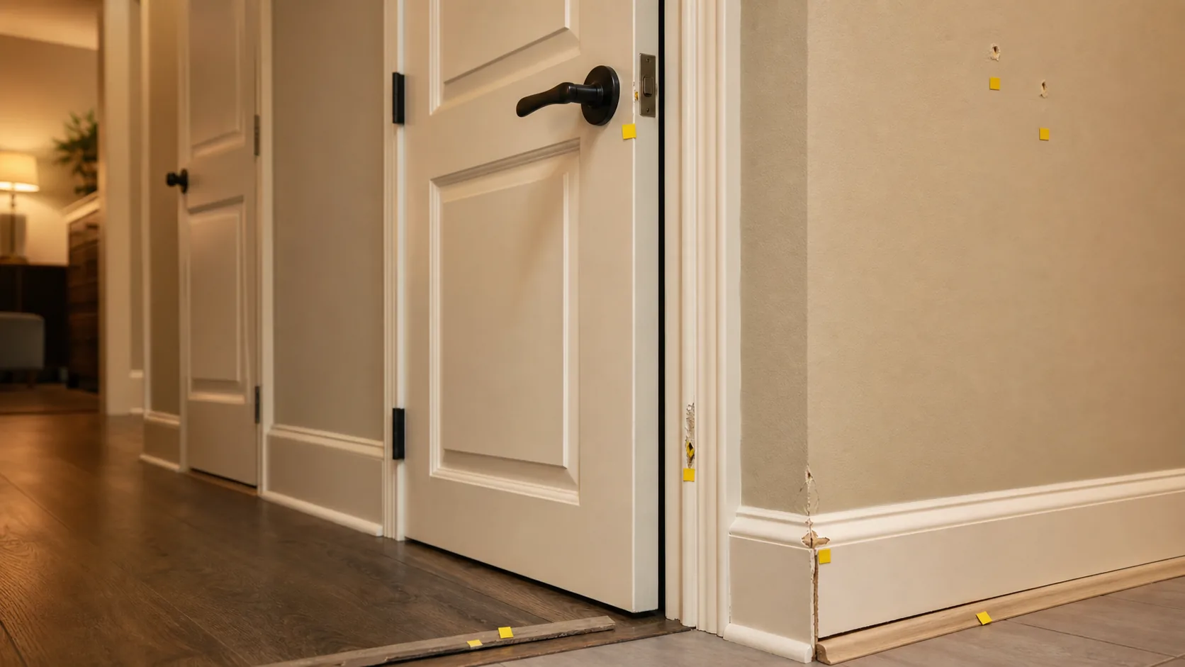 Hallway with drywall holes, loose handle, jamb wear, chipped baseboard, loose threshold, and inspection markers.