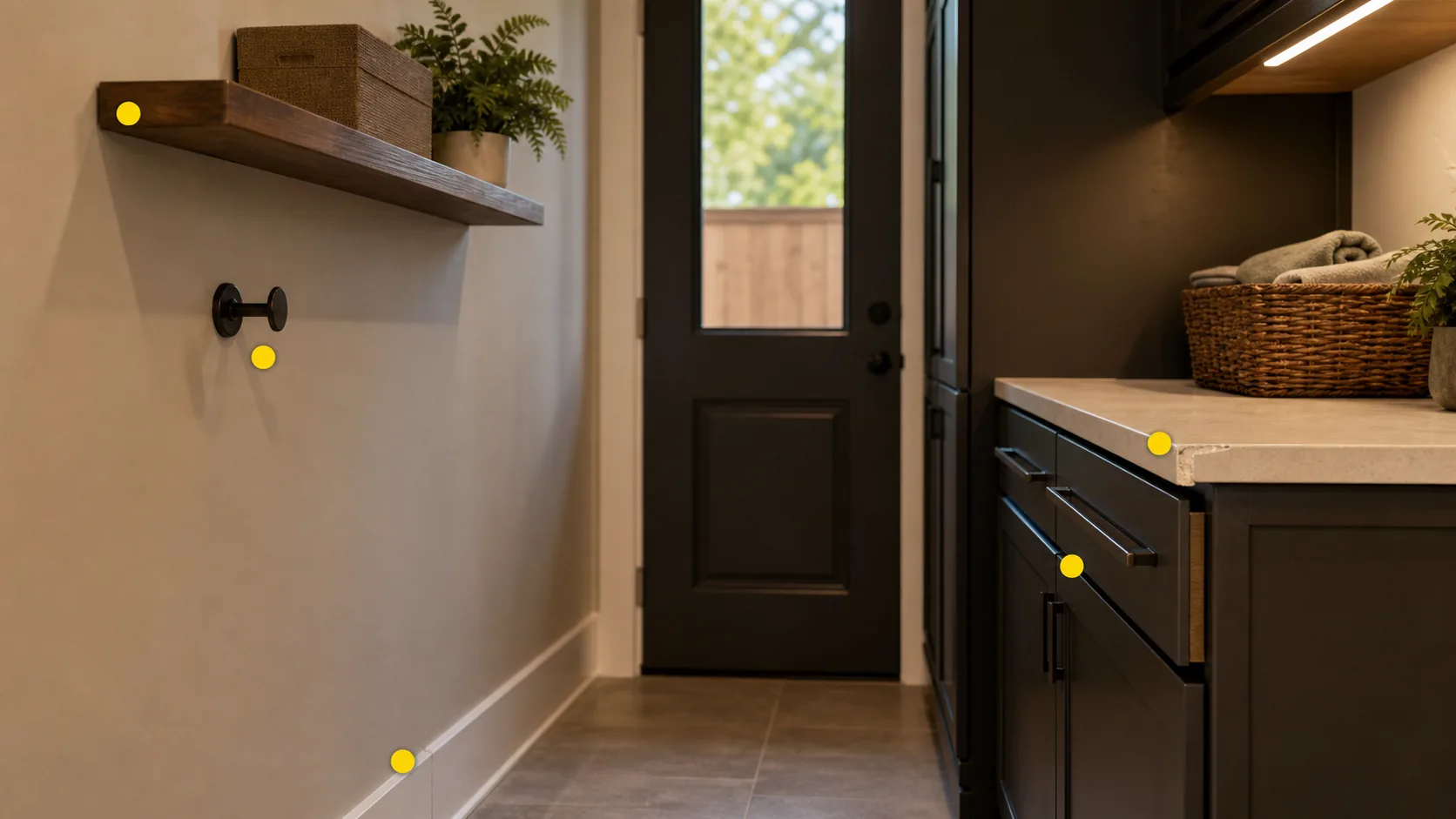Back-hall punch-list walkthrough with shelf, hook, cabinet, counter edge, baseboard, and inspection markers.
