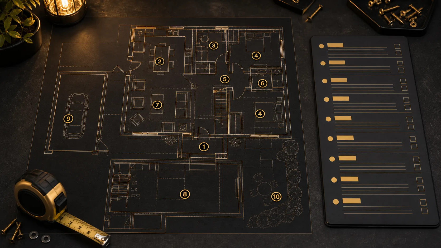 Dark punch-list floor plan with numbered task markers and a blank room-by-room list panel.
