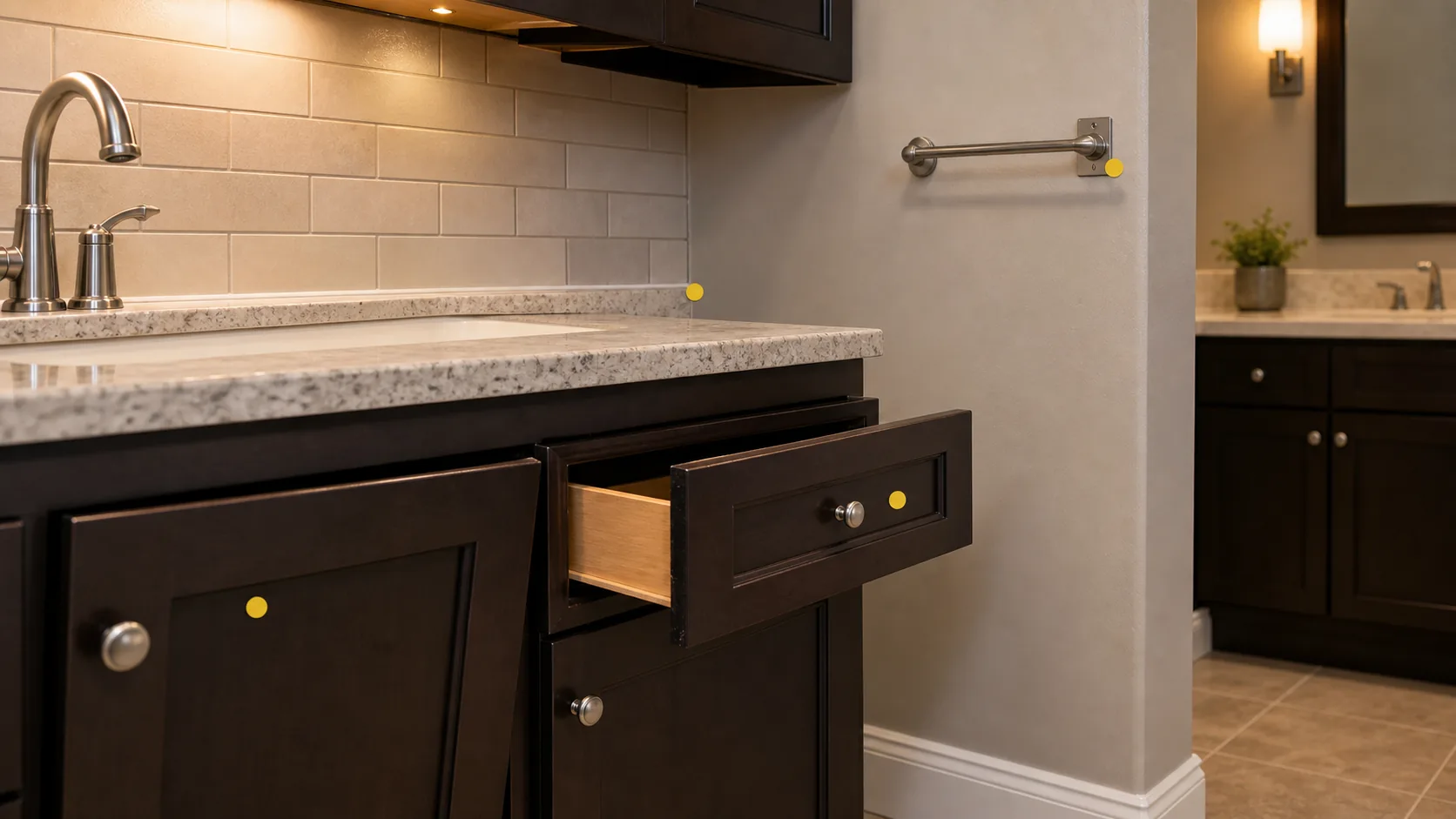 Dry kitchen and bathroom turnover detail with cabinet hardware, backsplash caulk joint, towel bar, and inspection markers.