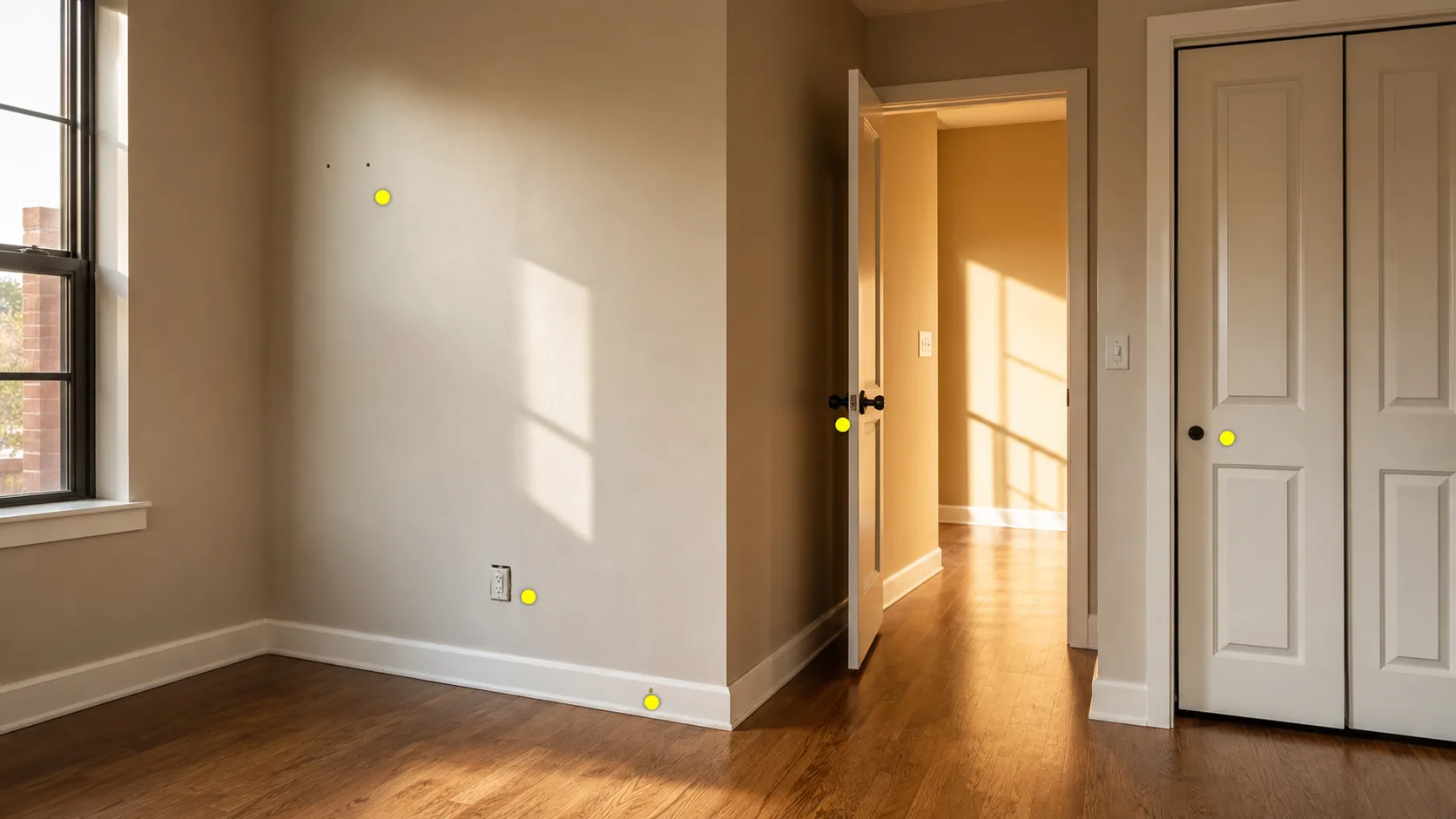 Clean empty rental room with wall holes, closet door, outlet cover, trim, and inspection markers.