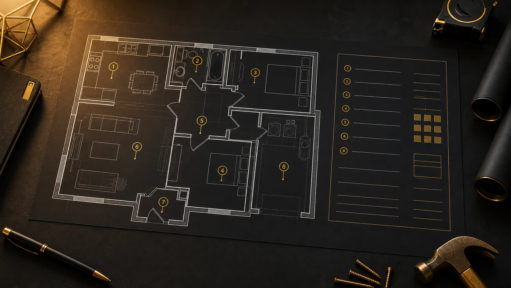Dark floor-plan style turnover scope map with yellow numbered repair markers and a matching checklist panel.