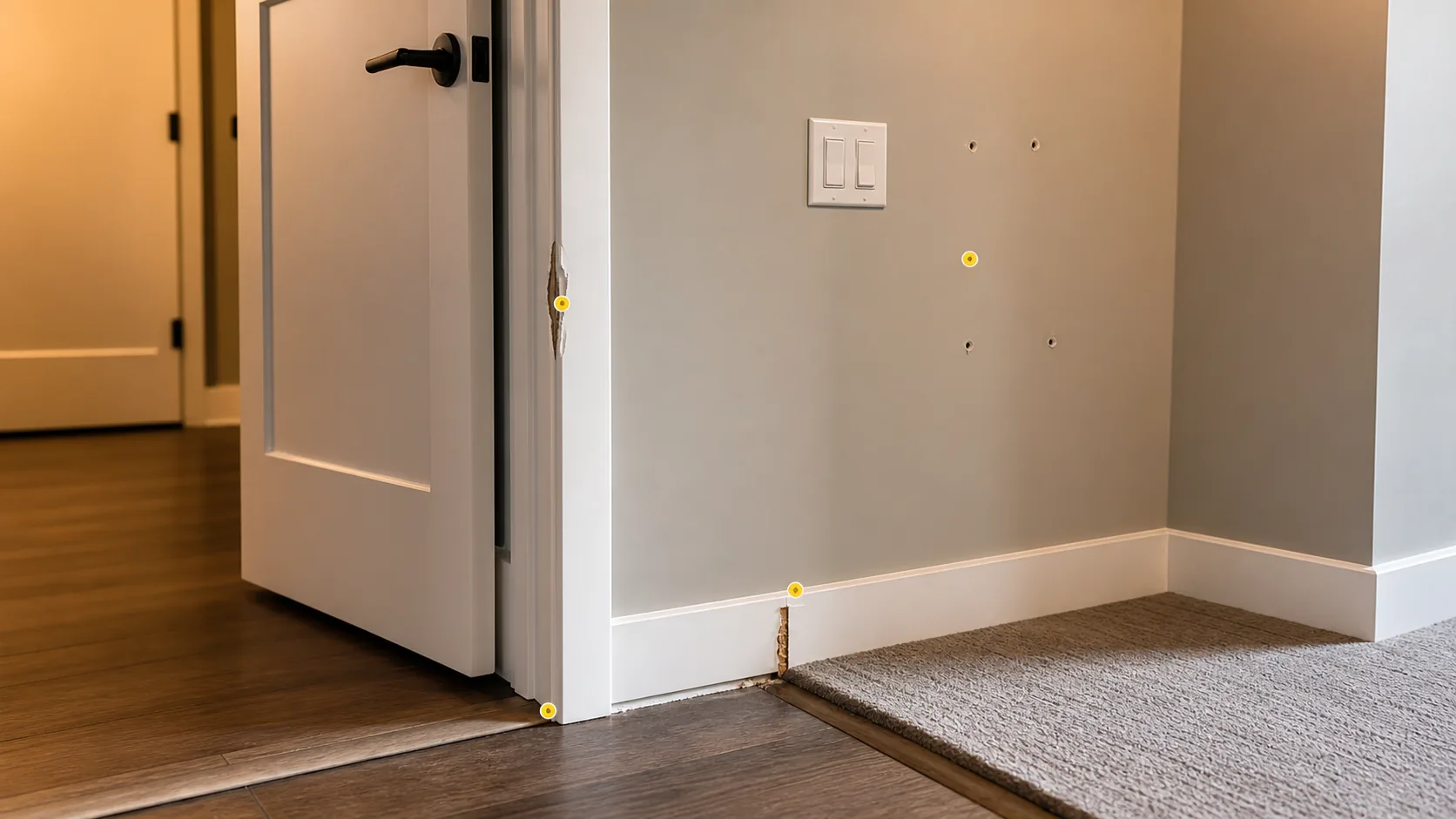 Rental doorway with jamb damage, wall anchor holes, baseboard damage, threshold transition, and inspection markers.