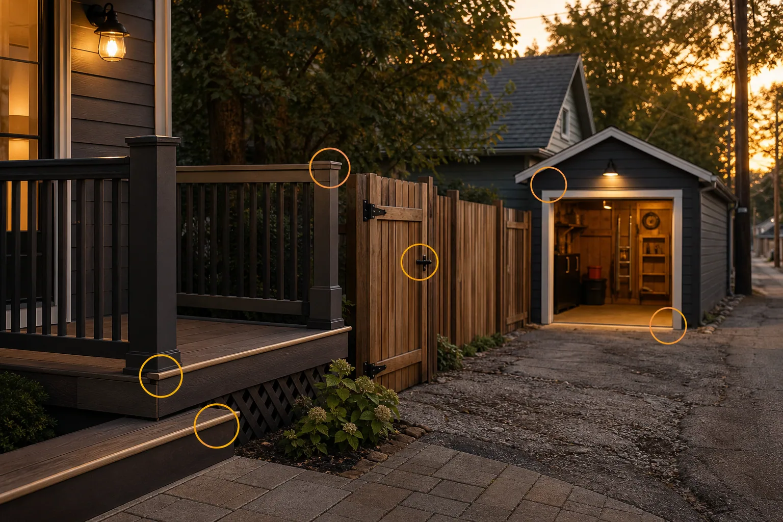 Rockford residential exterior showing porch trim, deck edge, fence gate, attached garage, detached garage, and amber repair markers.