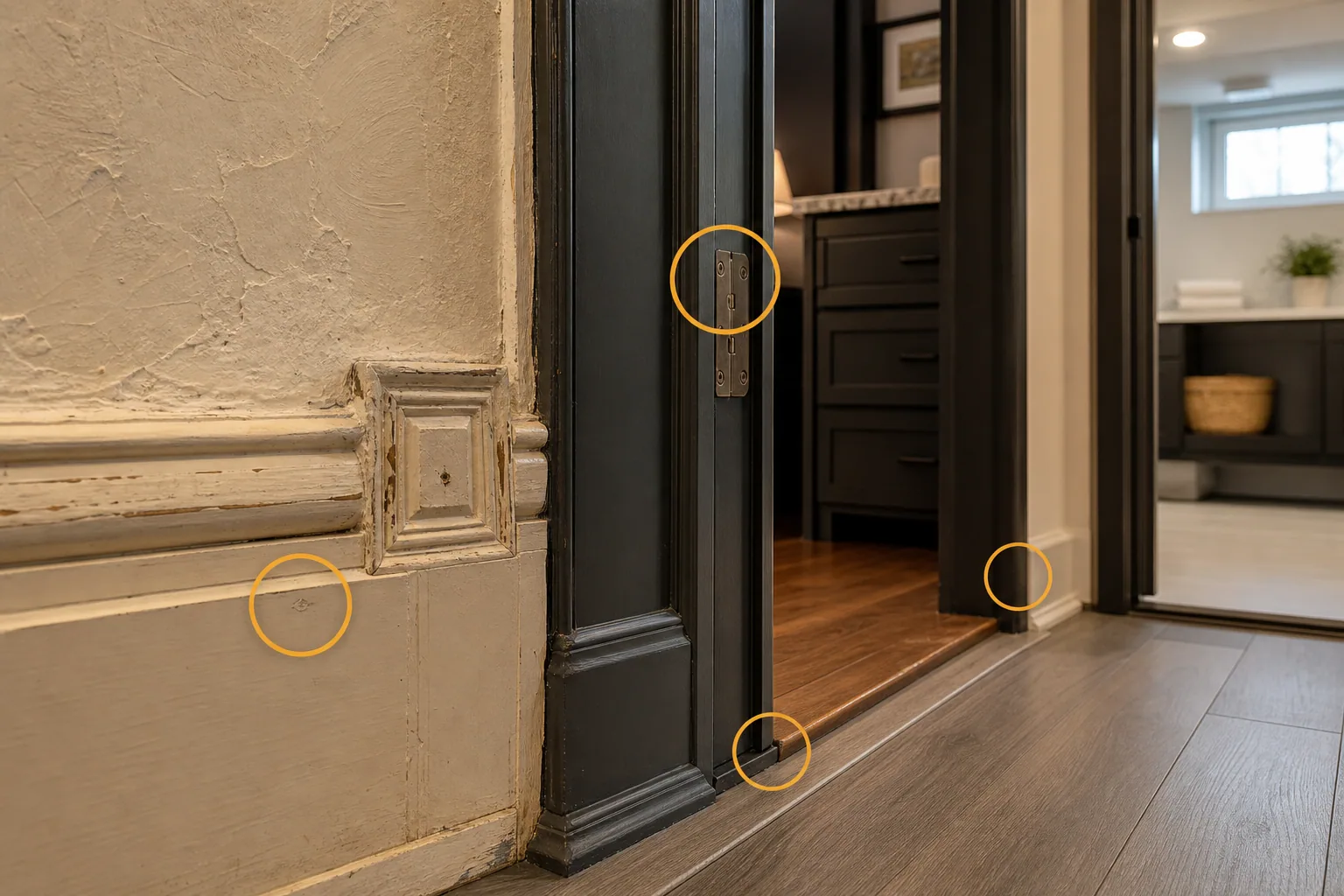 Rockford established home interior with older plaster, painted trim, updated flooring transition, utility-area doorway, and amber material markers.