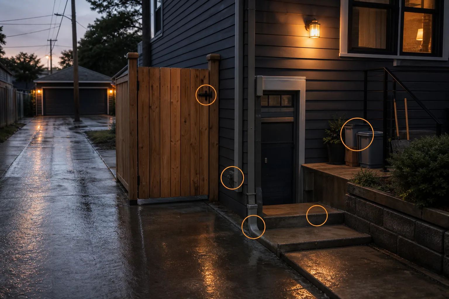 Rockford alley and driveway access with side gate, lower-level entry, detached garage, wet concrete, exterior steps, and amber condition markers.