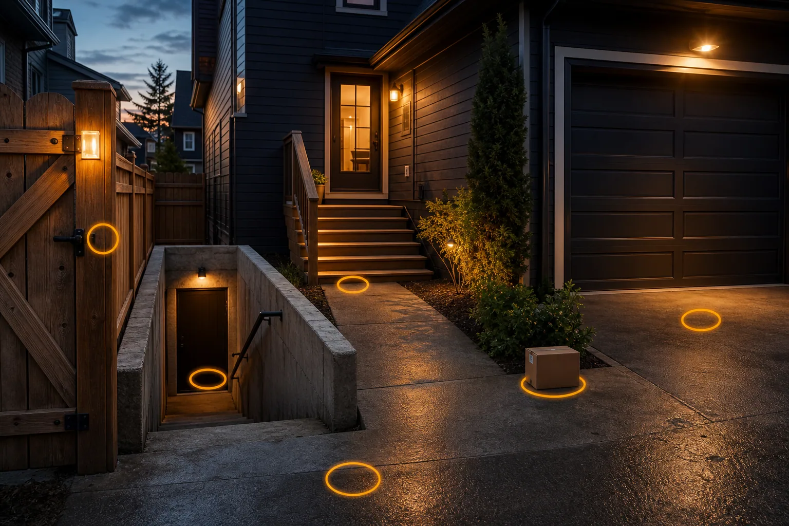 Freeport residential access route with gate, stairs, basement access, garage, clean repair path, parts box, and amber readiness markers.