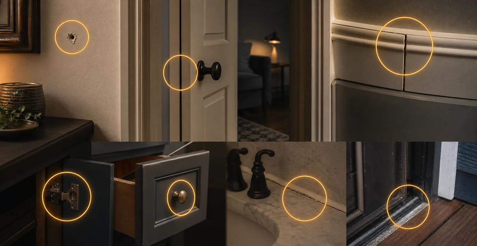 Freeport residential repair details including drywall anchor damage, door gap, trim joint, cabinet hardware, caulk joint, and threshold with amber markers.