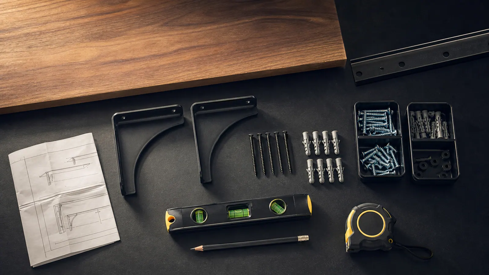 Shelf, brackets, mounting rails, anchors, screws, and instructions arranged for a pre-installation hardware check.