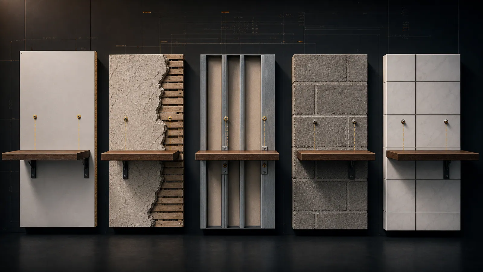 Diagram comparing drywall, plaster, metal-stud, masonry, and tile wall conditions for shelving installation.