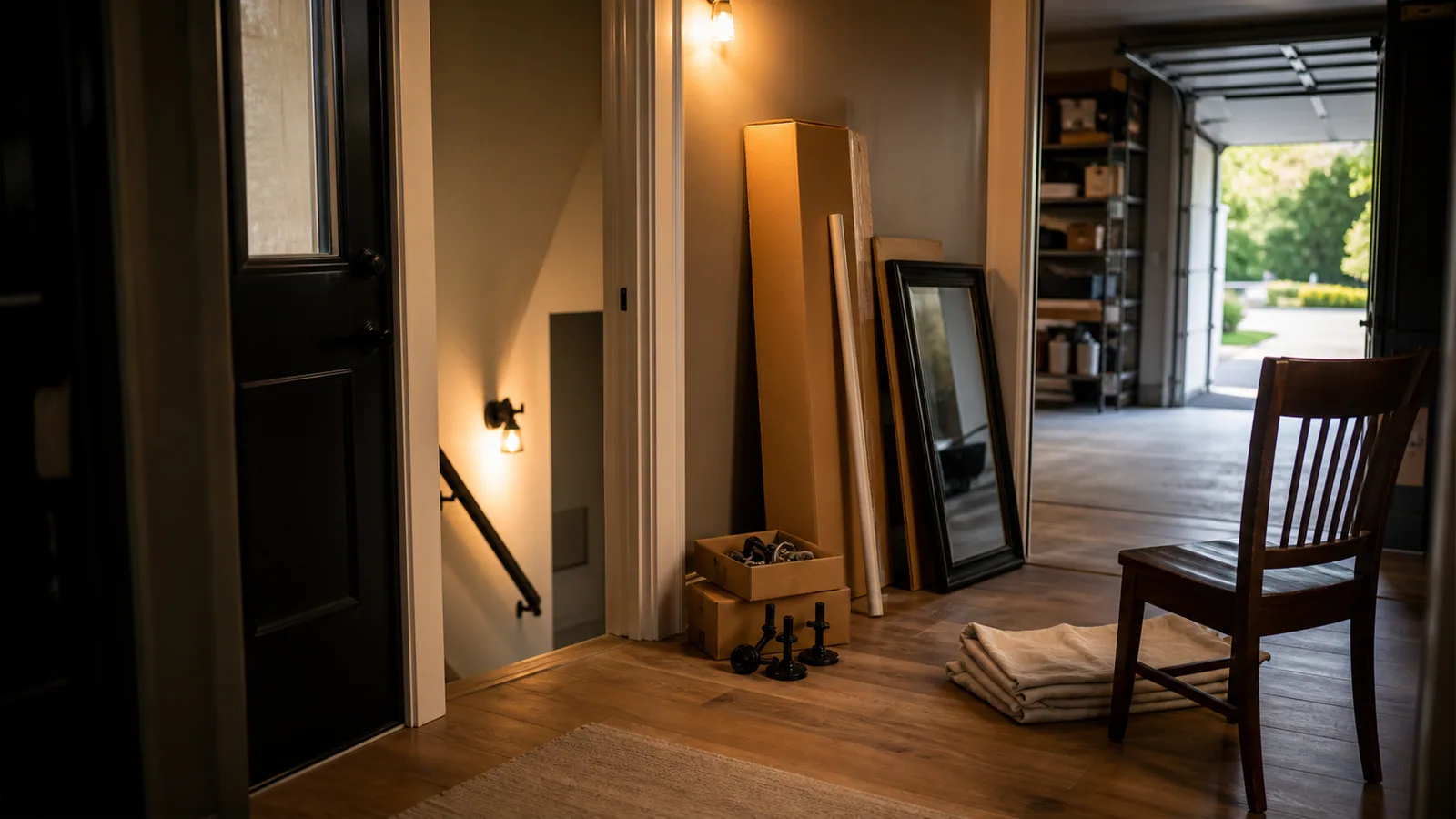 Freeport home entry, basement stairs, garage access, clear path, boxed shelf kit, mirror, curtain rod, hardware, and room-readiness context.
