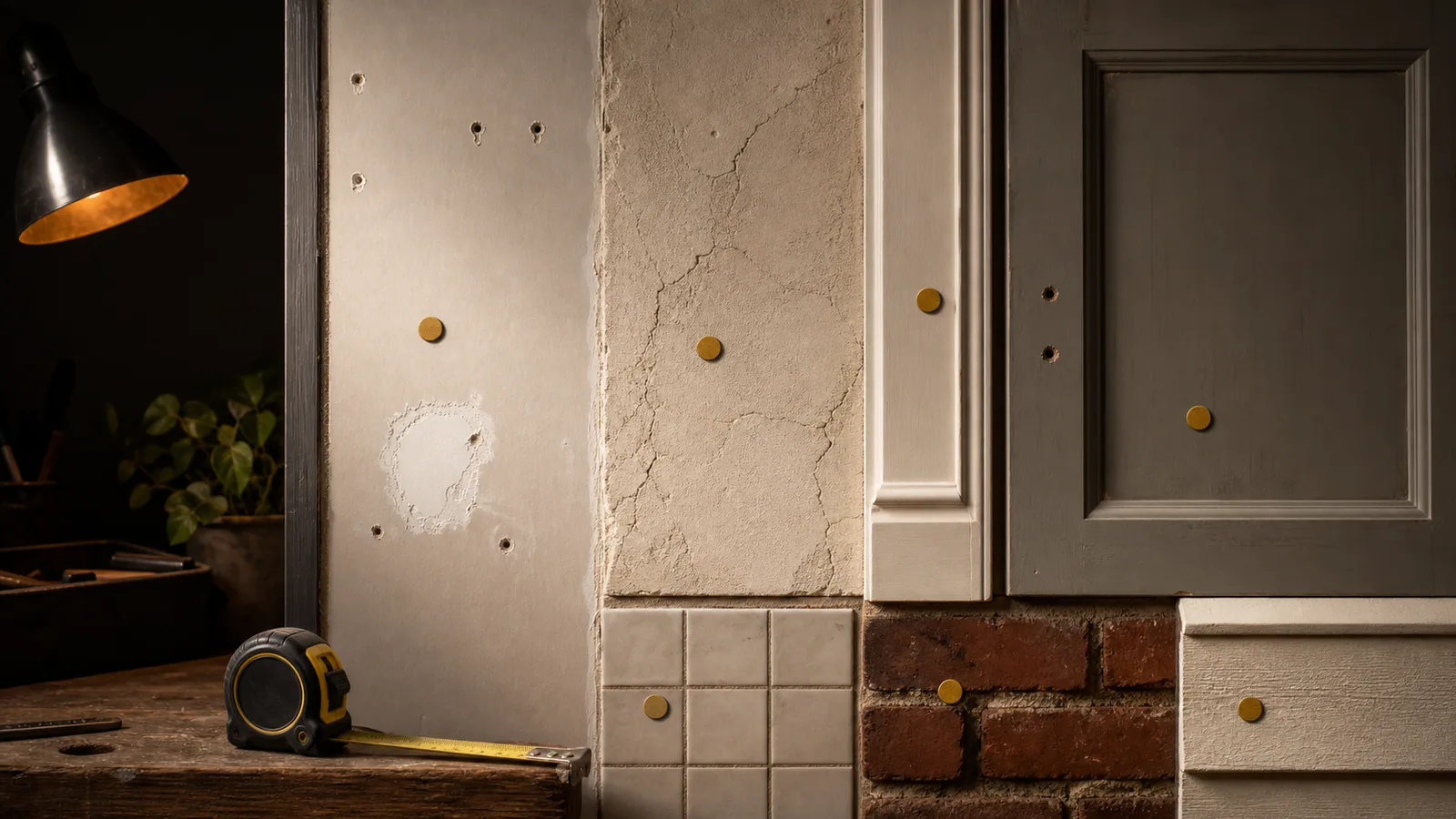Drywall, plaster, wood trim, cabinet panel, tile, brick, exterior trim, previous holes, and patch marks for small Freeport home improvement projects.