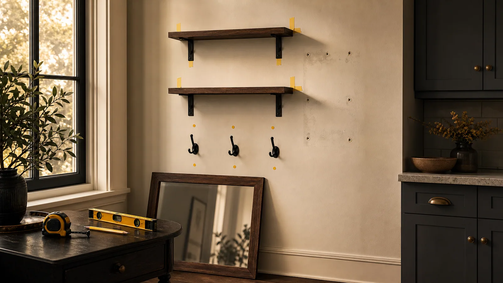 Small project placement review with shelves, hooks, mirror, old anchor holes, tape markers, level, window trim, and cabinet context.