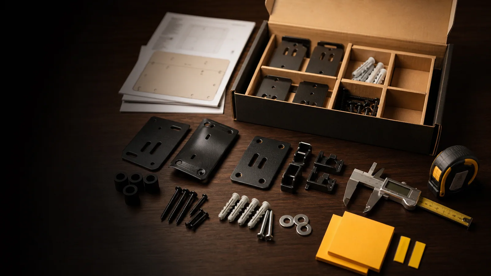 Open owner-supplied hardware box with brackets, screws, anchors, templates, tape measure, and product readiness details for a Freeport small project.