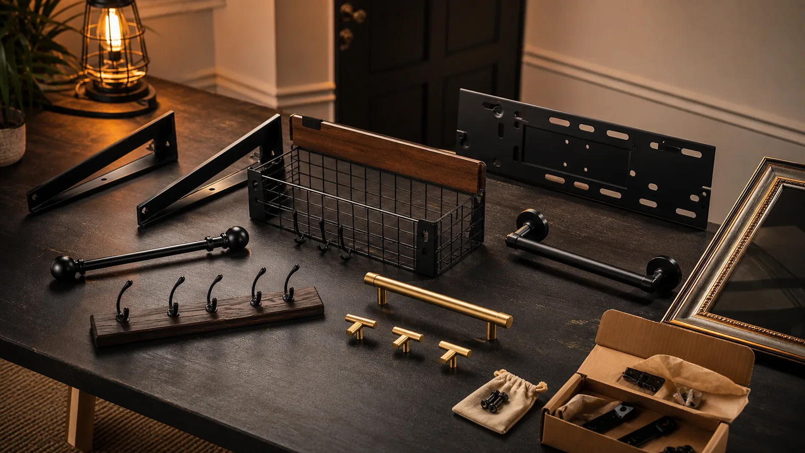 Owner-supplied shelves, curtain rod, hooks, cabinet pulls, mirror edge, organizer, towel bar, and mounting hardware for small Freeport home improvement projects.