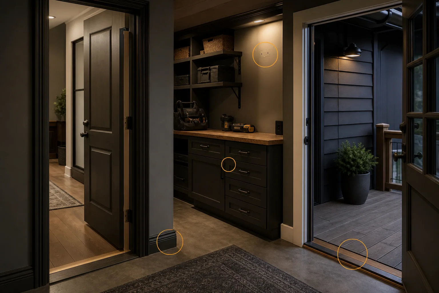 Stockton home doorway, utility storage, cabinet hardware, and deck transition repair context with amber markers on wall, hardware, trim, and threshold details.