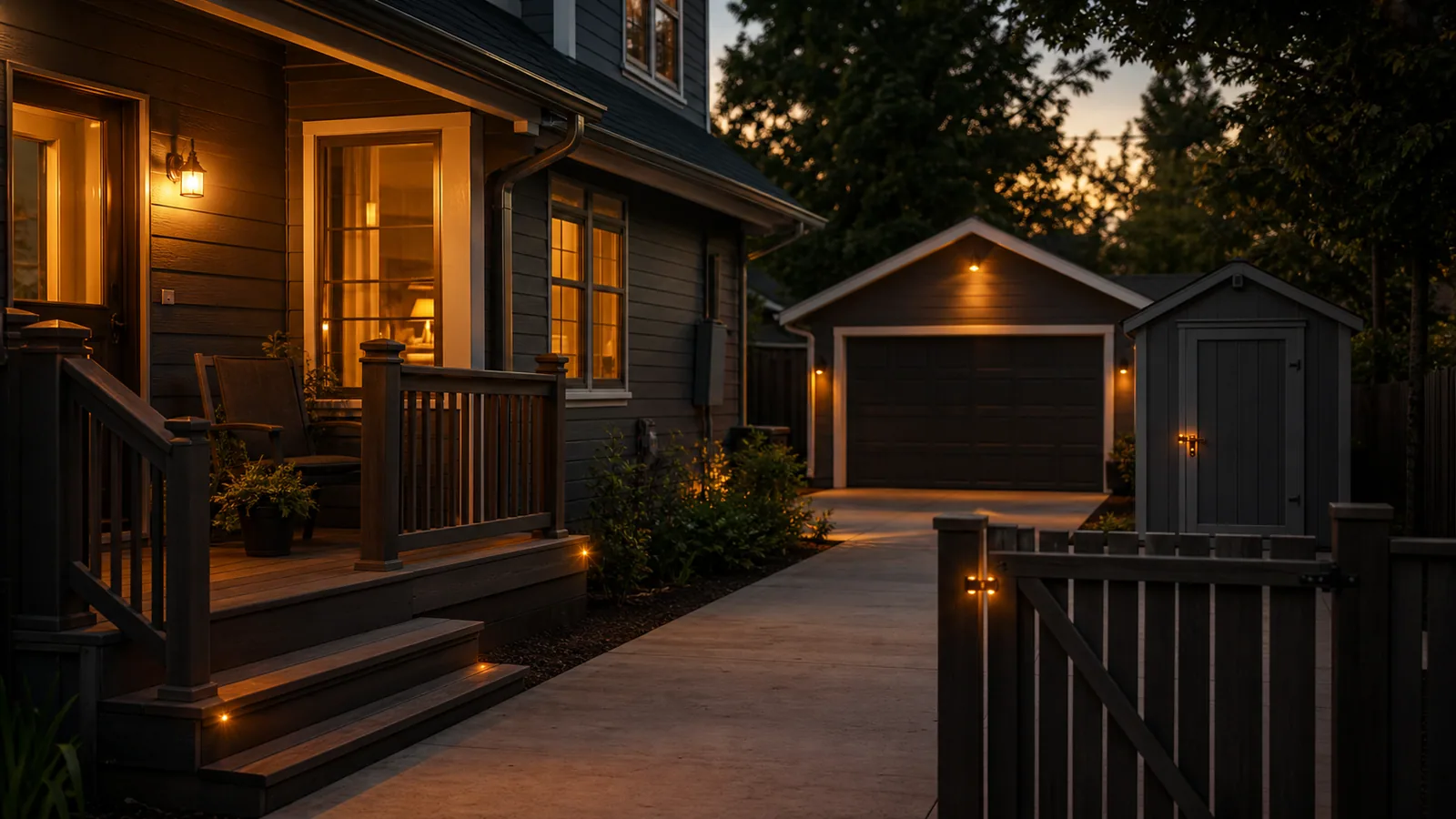 Maintained Stockton-style porch, deck, gate, driveway, detached garage, and homeowner storage shed with amber repair markers.