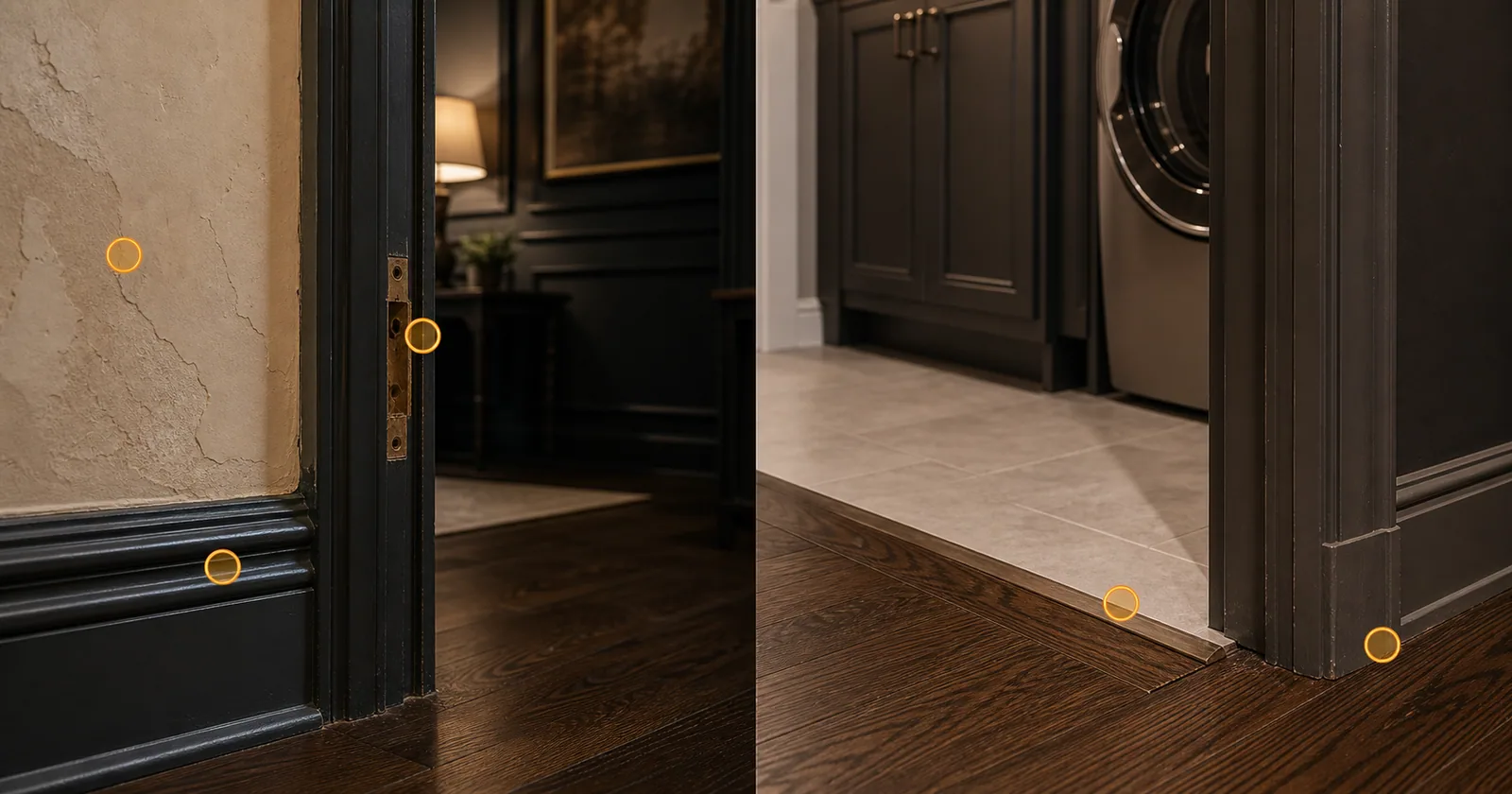 Older plaster and painted trim detail beside updated flooring and utility-area transition with amber markers for finish matching and clearance review.