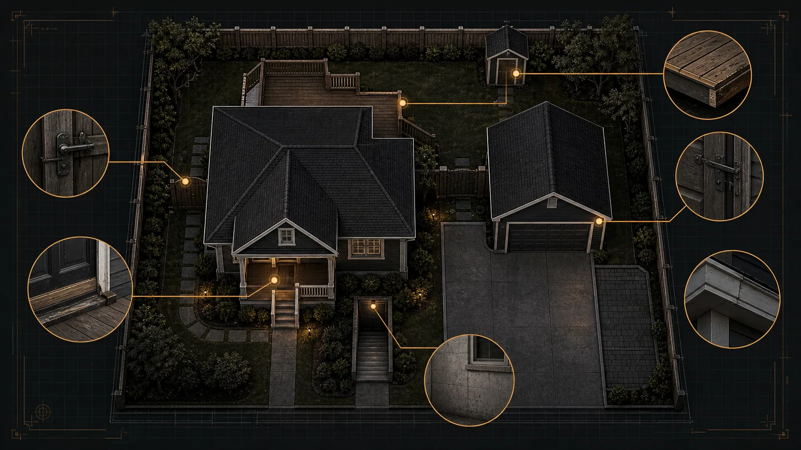 Dark blueprint-style Stockton property access and seasonal-condition diagram with amber markers for porch, deck, gate, basement entry, garage, storage shed, and repair zones.