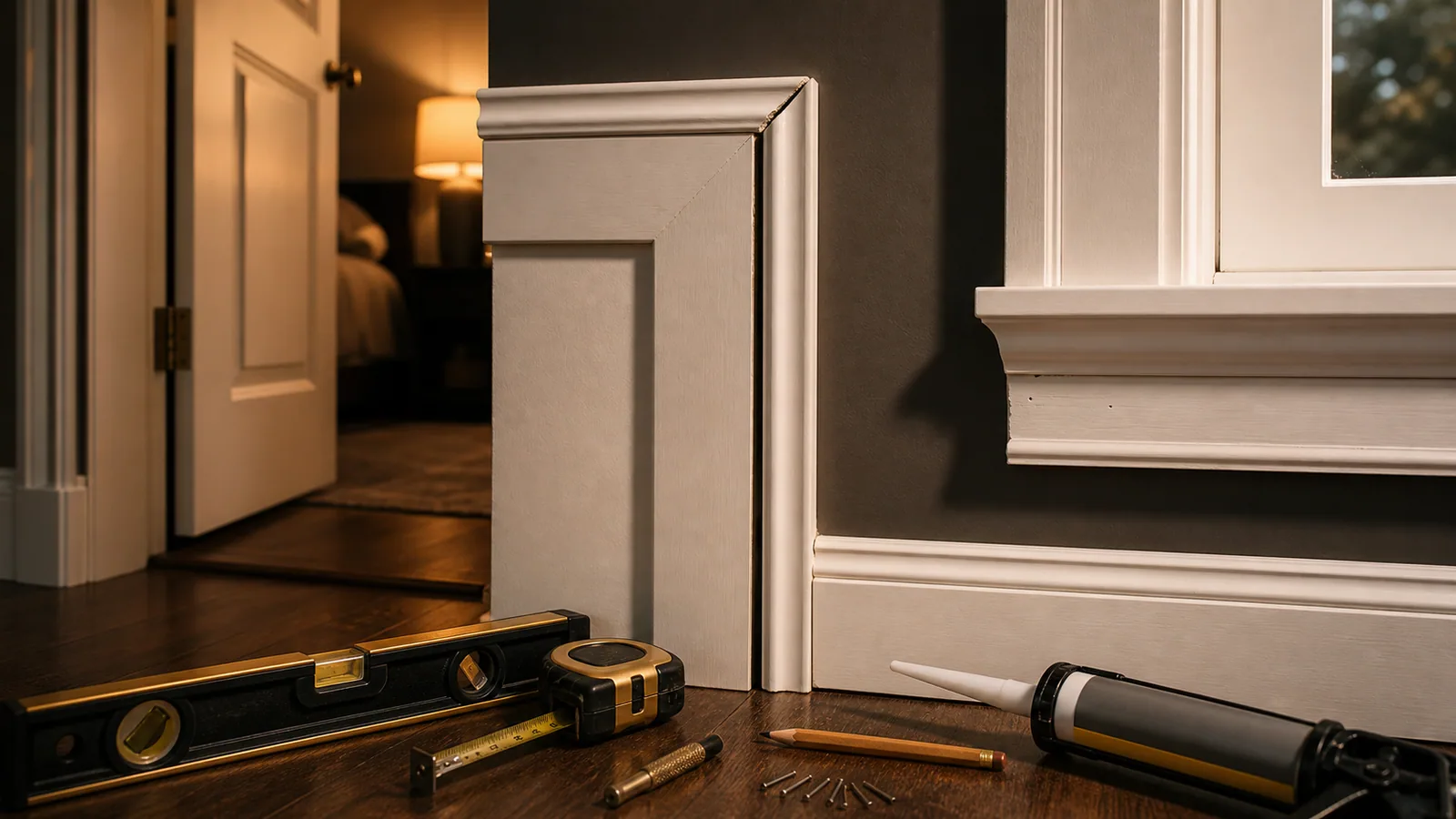 Door and window casing with a visible miter gap, level, tape measure, nail set, caulk tube, pencil, and finish nails.