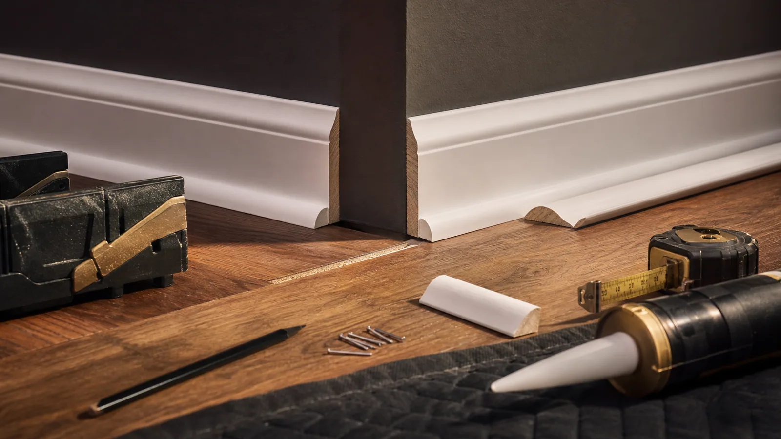 Baseboard and shoe molding along a finished floor line with replacement quarter-round, caulk, miter guide, tape measure, and finish nails.