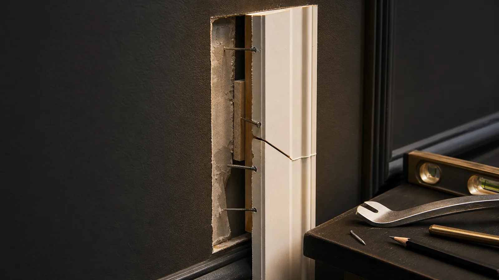 Close-up of an open baseboard miter joint, trim pulling away from a dark wall, finish nails, nail set, level, and pencil.