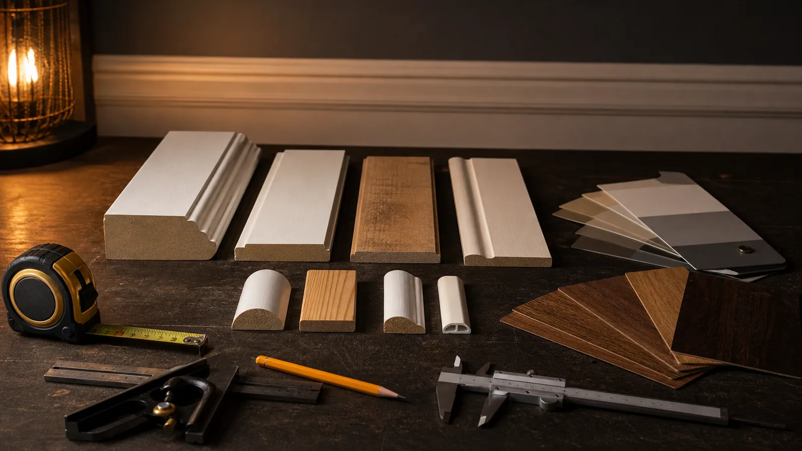 Trim profile samples, paint and stain swatches, calipers, tape measure, miter gauge, and pencil arranged on a dark workbench.