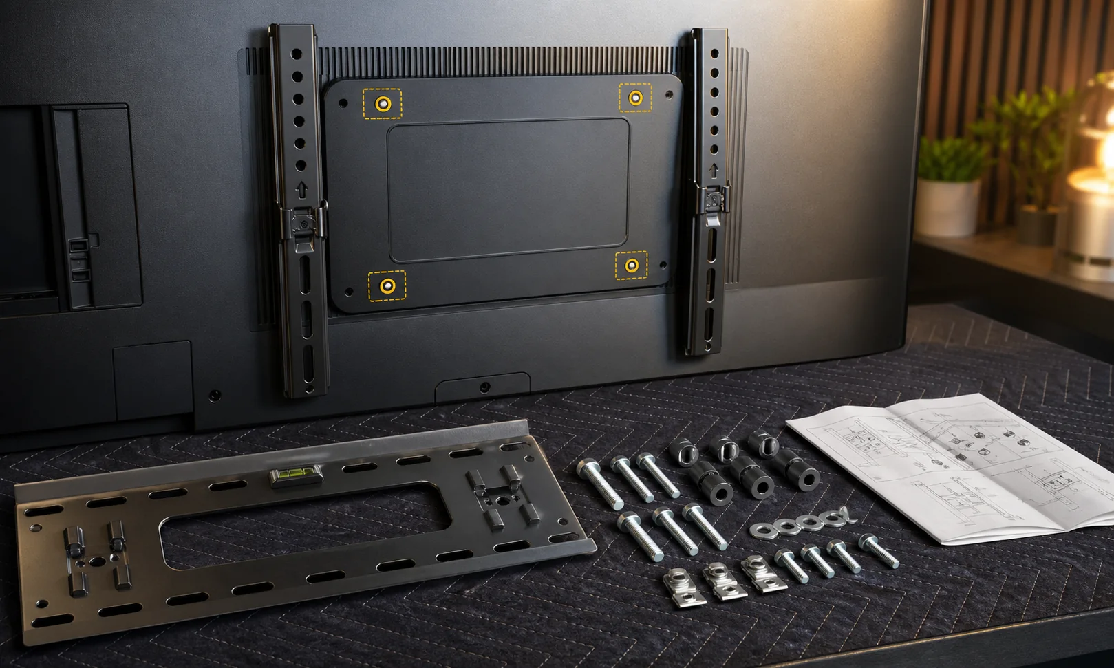Rear of a flat-screen TV with bracket arms, wall plate, spacers, bolts, washers, and instructions arranged neatly.
