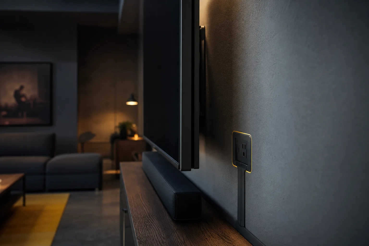 Side profile of a mounted TV, soundbar, media console, outlet, and surface cord cover in a finished room.
