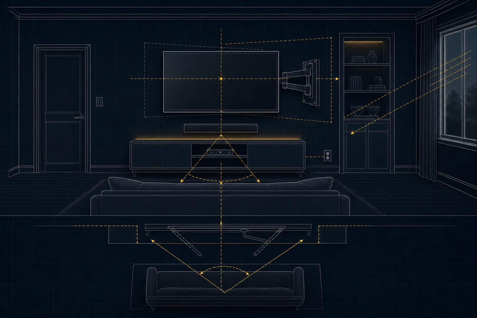 Blueprint-style living room elevation showing TV, sofa, media console, outlet, window, soundbar, and placement lines.