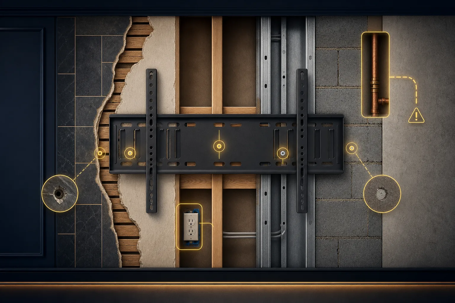 Technical cutaway of TV mounting wall support conditions, framing, masonry, outlet, and concealed-condition cues.
