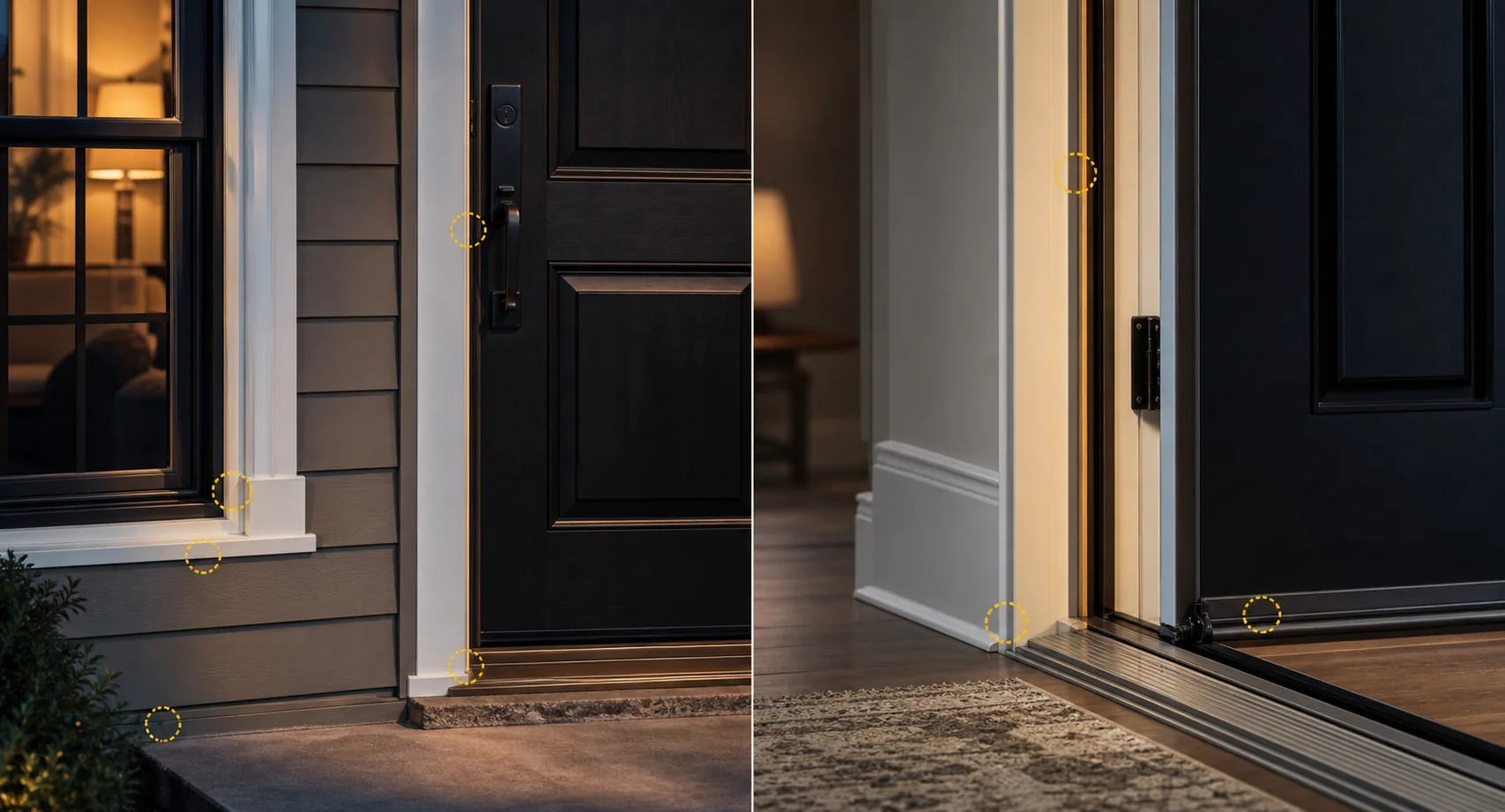 Exterior door and window perimeter joints, threshold, siding, and trim with inspection markers.