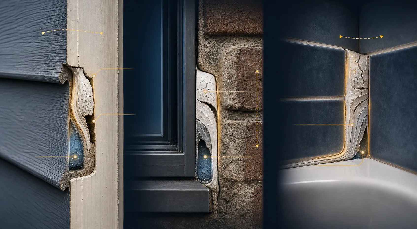 Technical cutaway comparing exterior trim, masonry window, and tiled tub caulk joint failures.