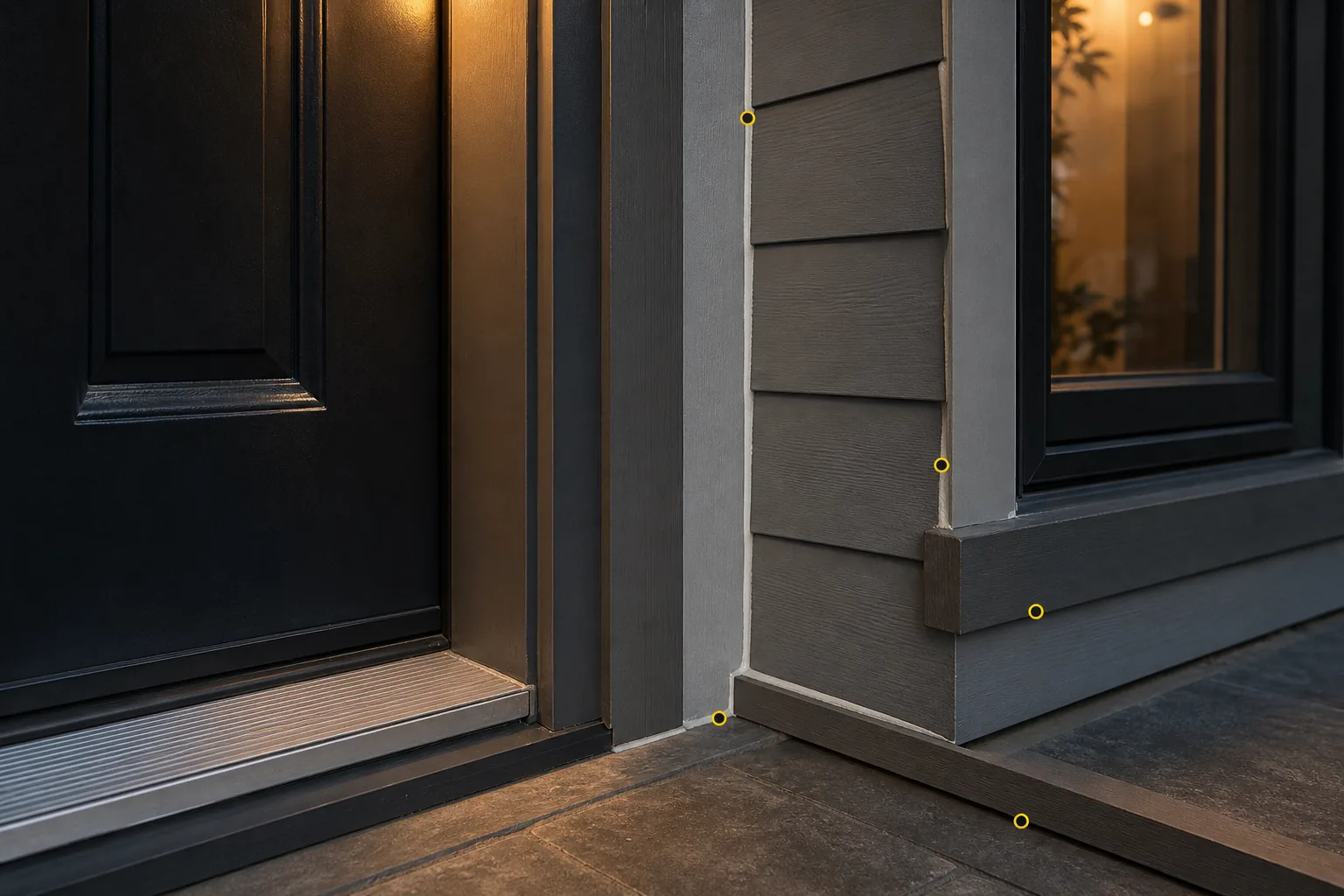 Exterior door, window, threshold, siding, and trim caulking joints with inspection markers.