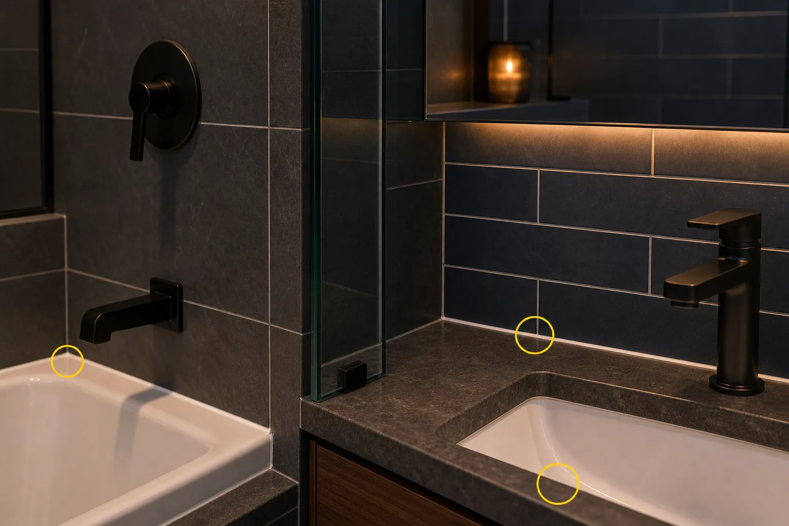 Bathroom tub, shower, vanity backsplash, sink, and wet-area caulk joints with inspection markers.
