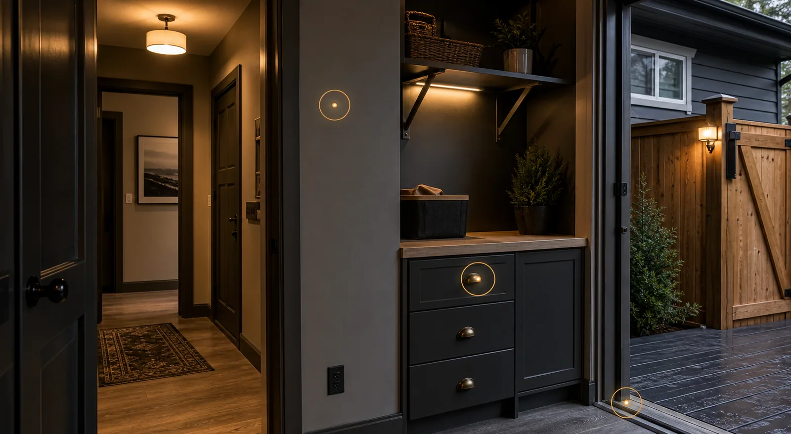 Winnebago home hallway, mudroom storage, cabinet hardware, and fenced entry repair context with amber markers on wall, drawer, threshold, and gate details.