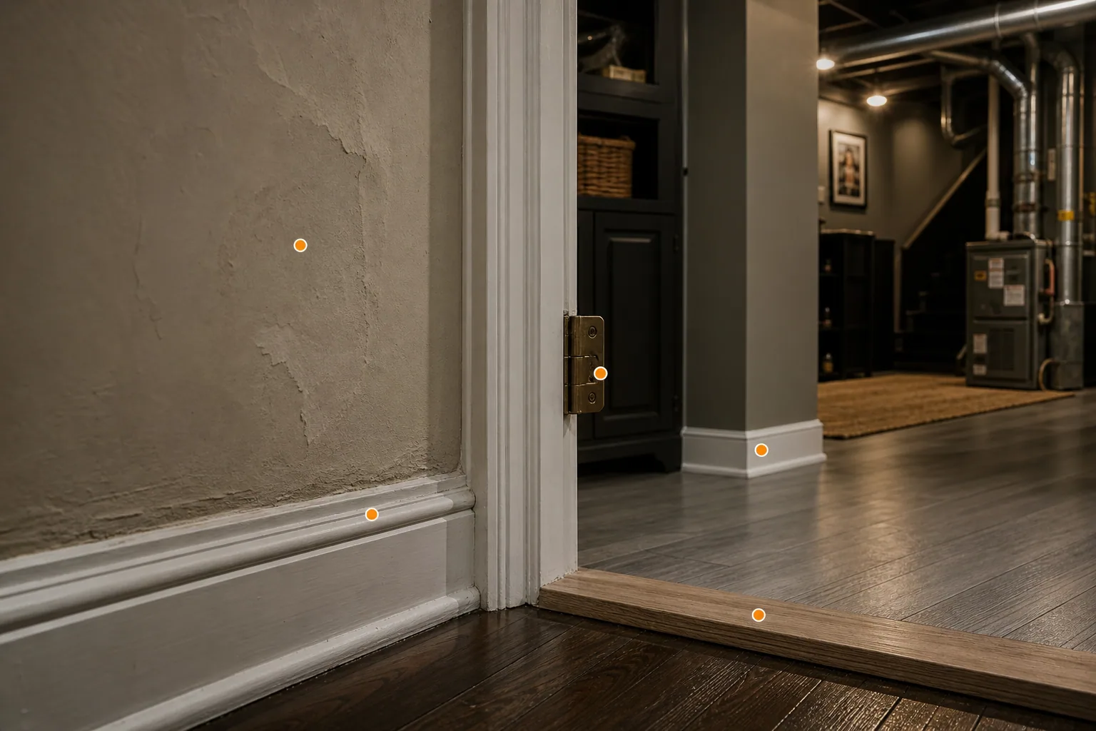 Older plaster wall, painted trim, updated threshold, and basement or utility-area transition with amber markers for material and previous-work review.