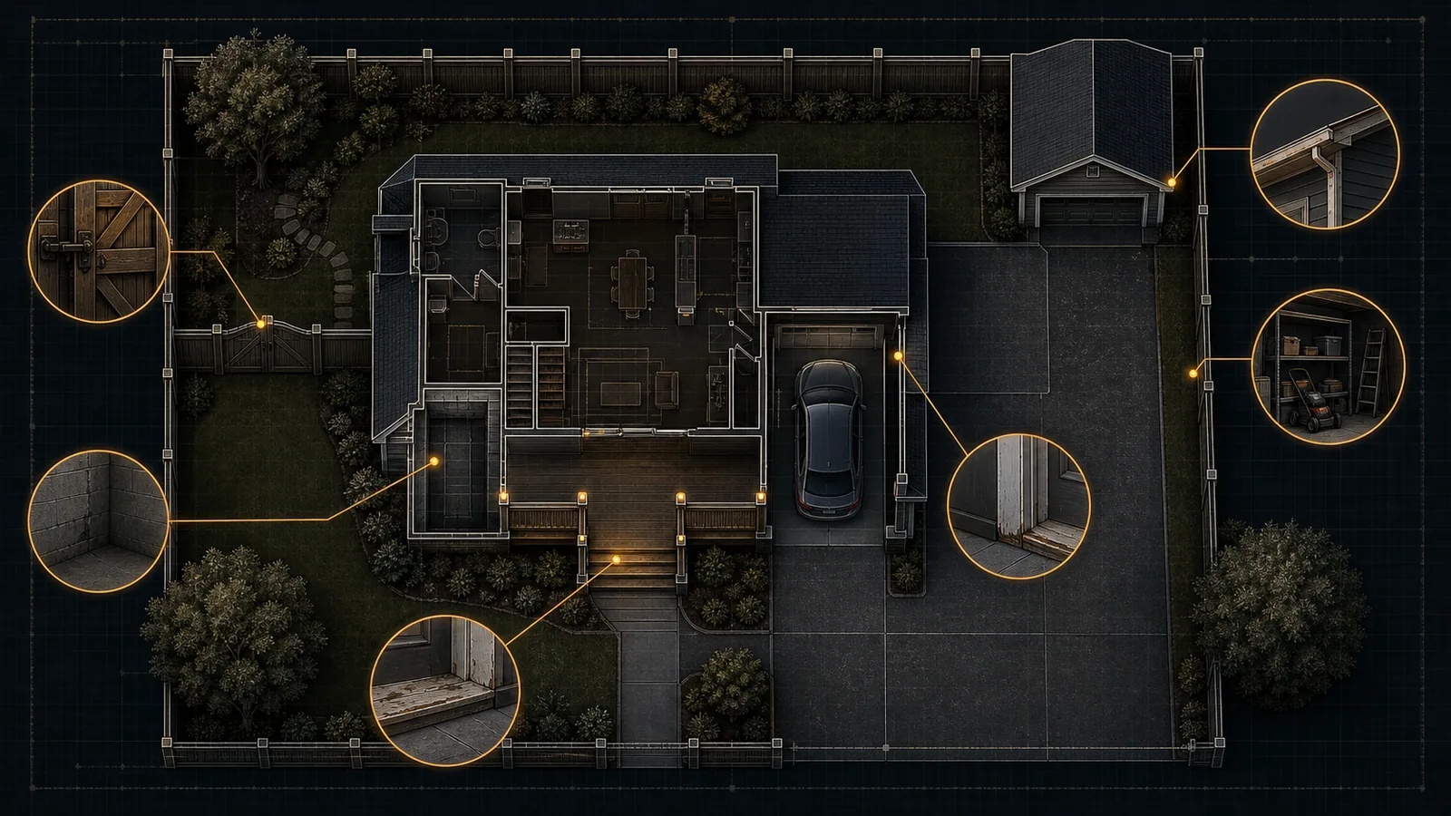 Dark blueprint-style Winnebago property access and seasonal-condition diagram with amber markers for porch, basement access, attached garage, driveway, fence, detached garage, and repair zones.